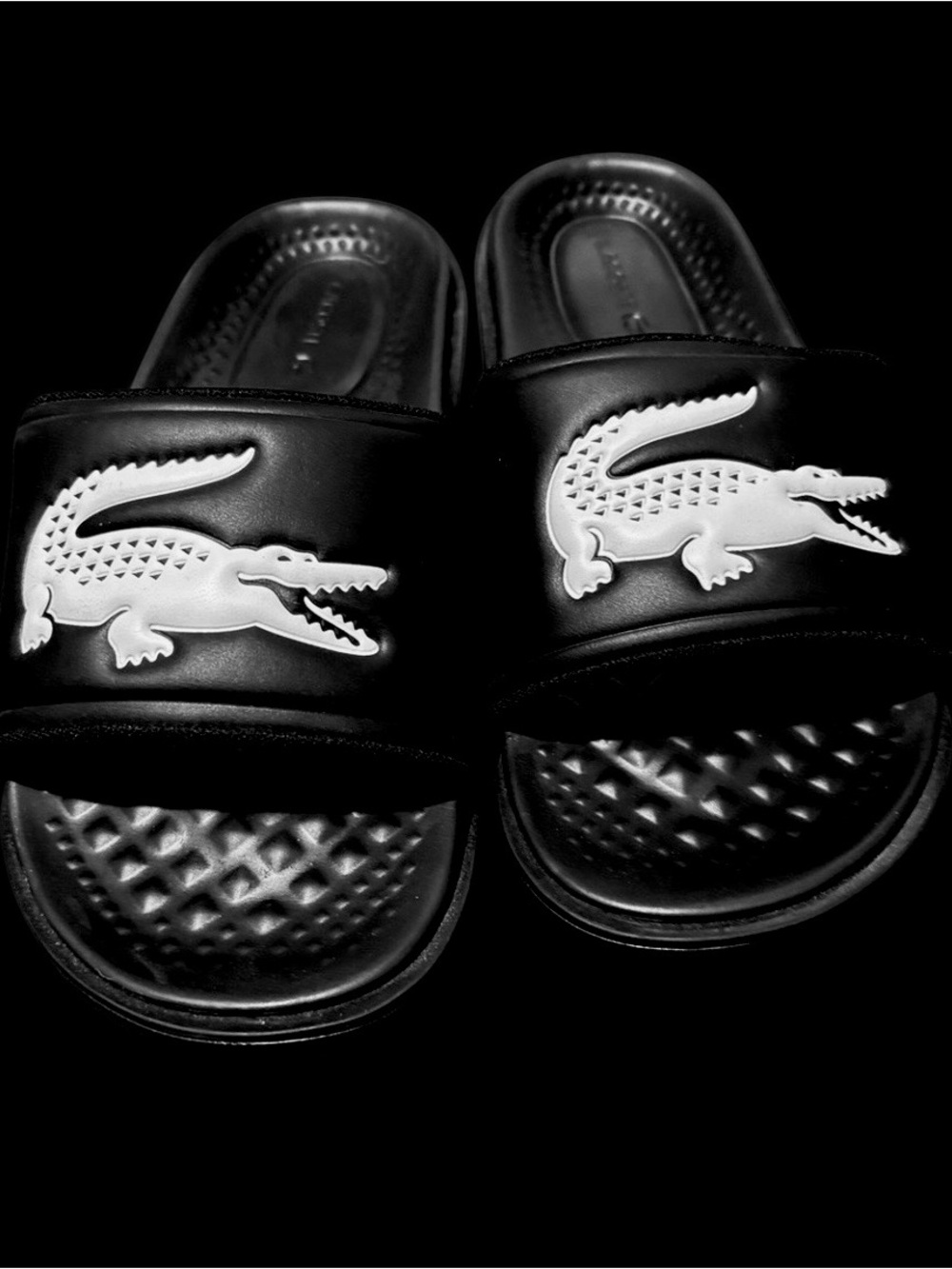 Lacoste Black Slides with White Crocodile Logo